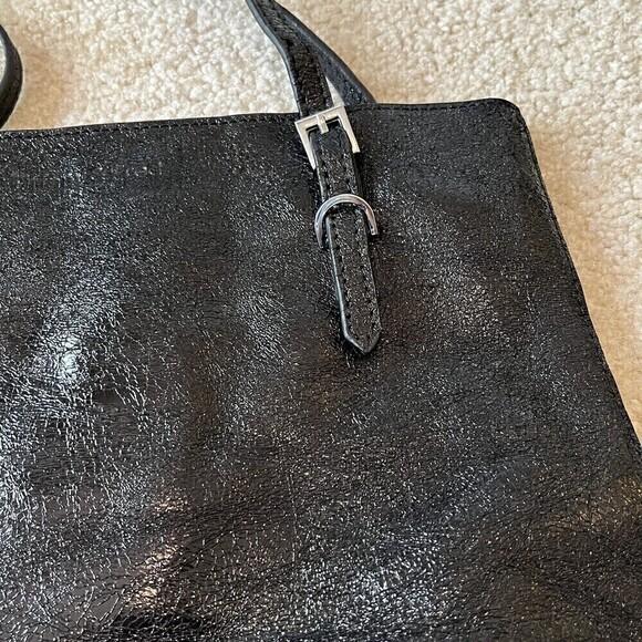 Tiffany and Fred Black Metallic Handbag Tote Bag Classic Modern Travel Shimmer - Picture 3 of 8